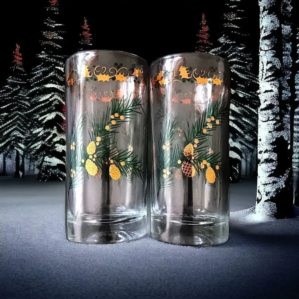 2 Hazel Atlas Pine Branch Glasses Tumblers Continental Can Co Gold Trim Holly